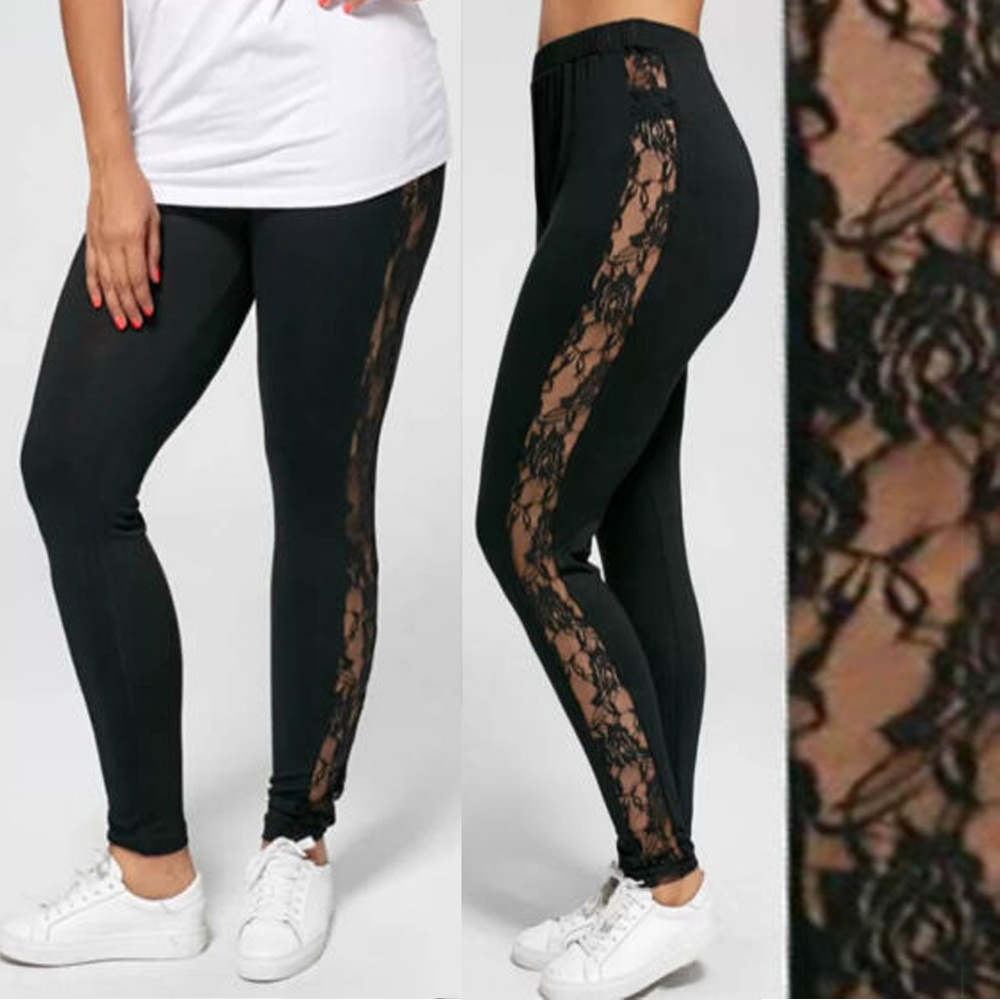 

Plus Size Female Holllow Off Lace Leggings, Sexy High Waist Bandage Pants For Indoor Or Outdoor Sports