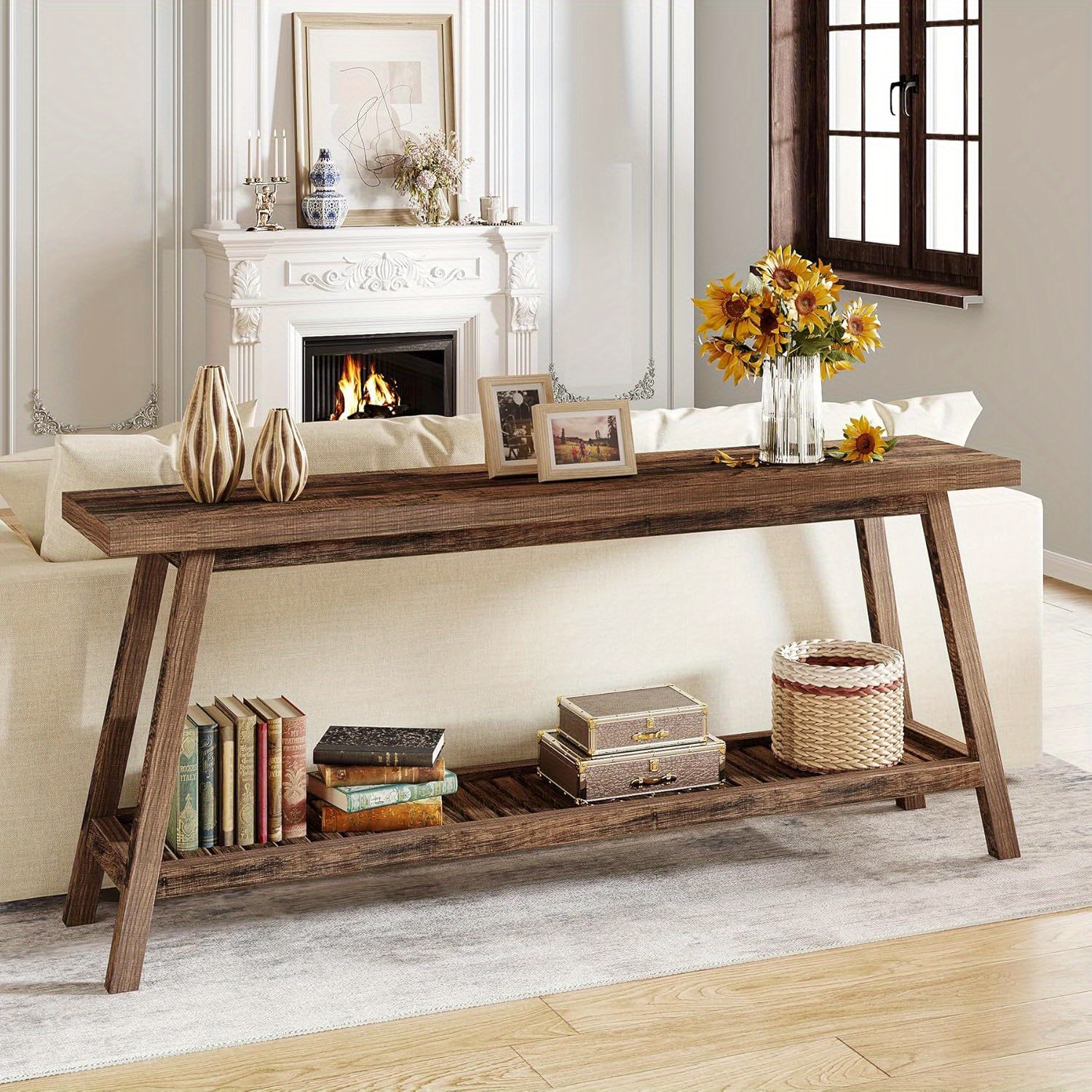 70.9 Inches Extra Long Console Table for Entryway Farmhouse Console Entryway Table 2 Tier Narrow Wood Foyer Sofa Couch Table for Hallway Entrance Living Room