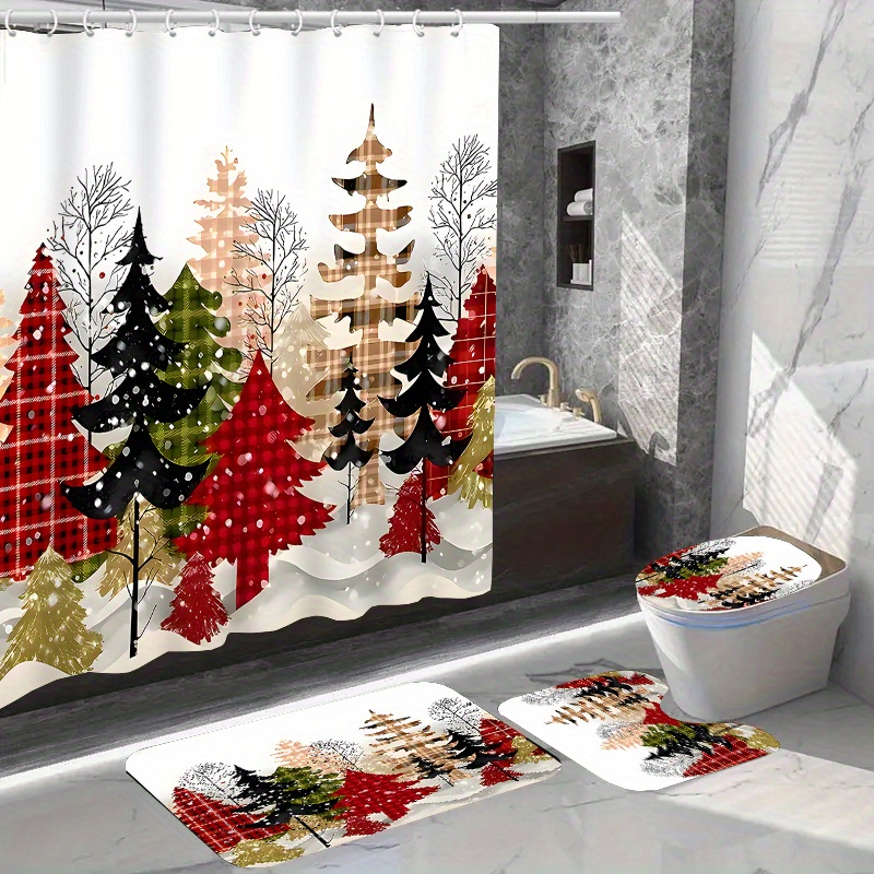 

Festive Christmas Shower Curtain Set - 1pc Or 4pcs Option With Waterproof Curtain, Non-slip Bath Mat, U-shaped Toilet Mat, And 12 Hooks - Easy-care Polyester, Stylish Design