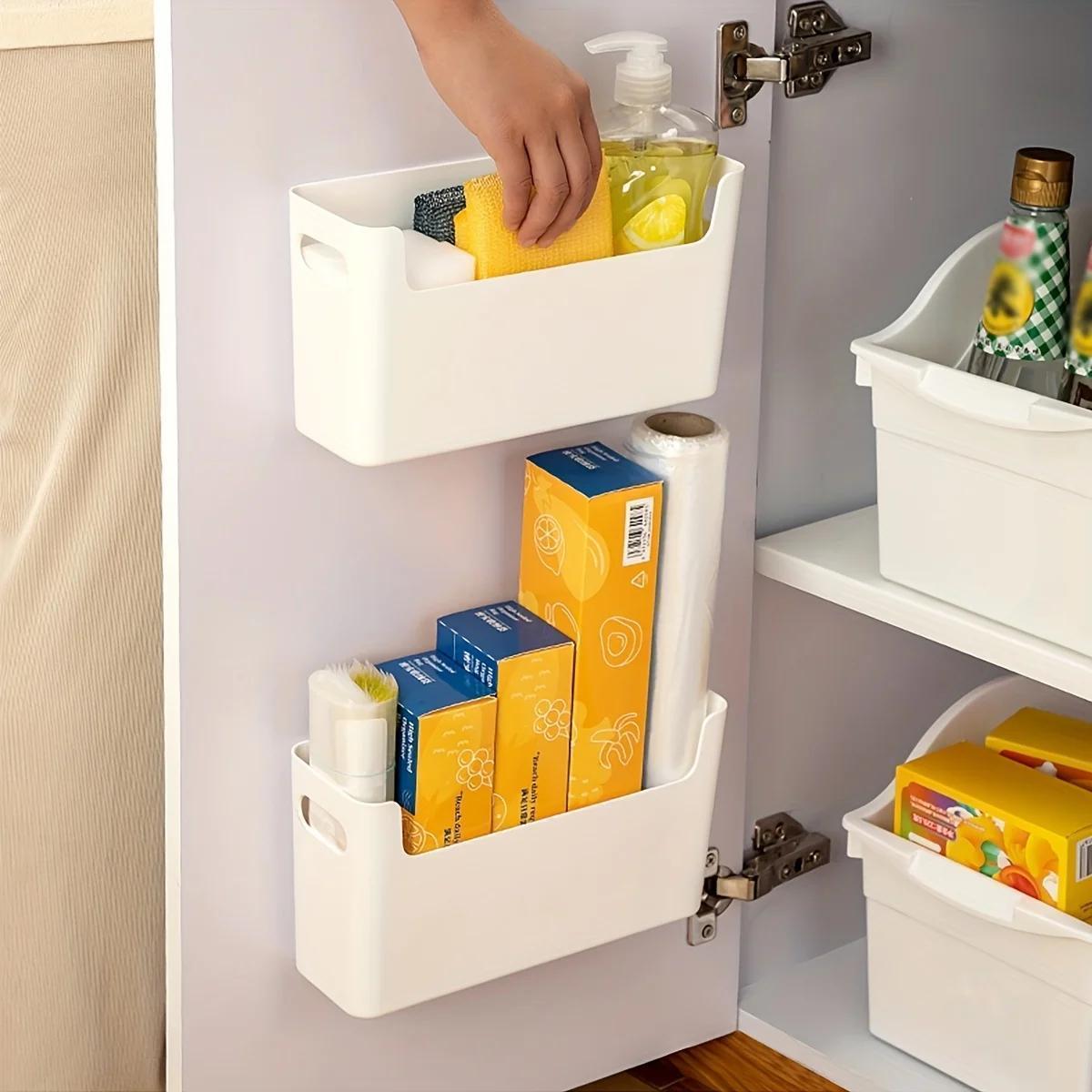 

Space-saving Wall-mounted Kitchen Organizer - Plastic Cabinet Door Storage Box With Cling Film & Bag Holder, Clasp Closure For Easy To Cleaning Supplies, Kitchen Organizers And Storage