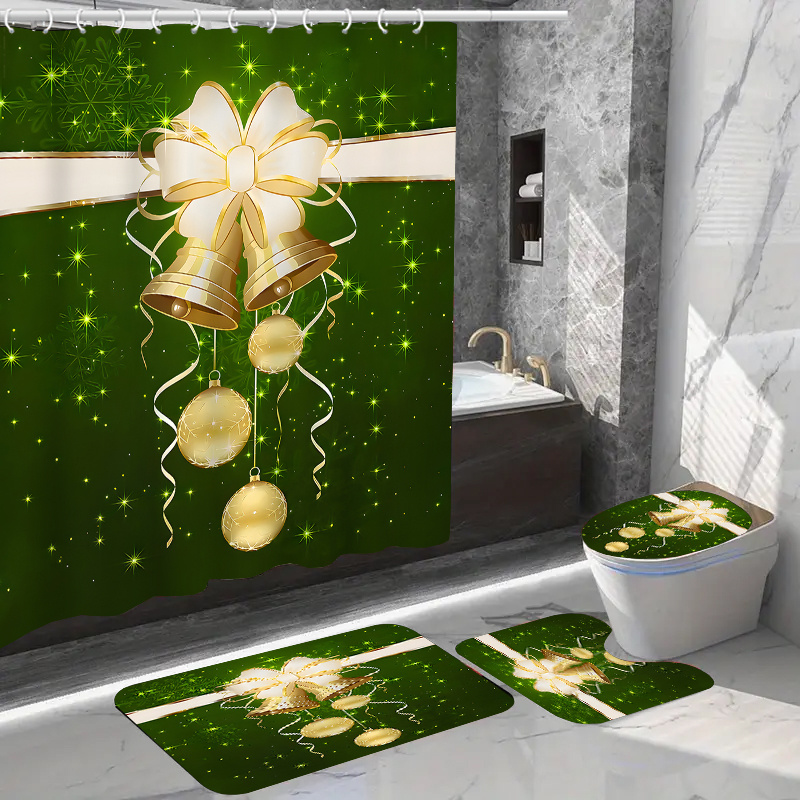 

Festive Christmas Bathroom Set: 1pc Shower Curtain, 4pcs Toilet Seat Covers, And 2 Bath Mats With 12 Hooks - Waterproof, Non-slip, And Washable