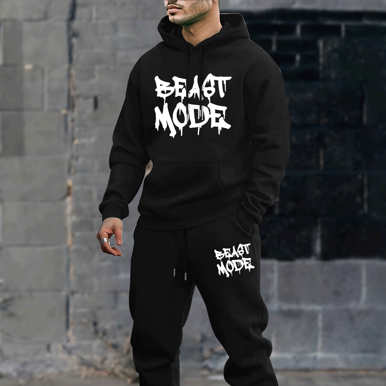 

Men's Fleece-lined Hoodie & Joggers Set - Casual Geometric Print, Drawstring Sweatpants With Pockets, Machine Washable