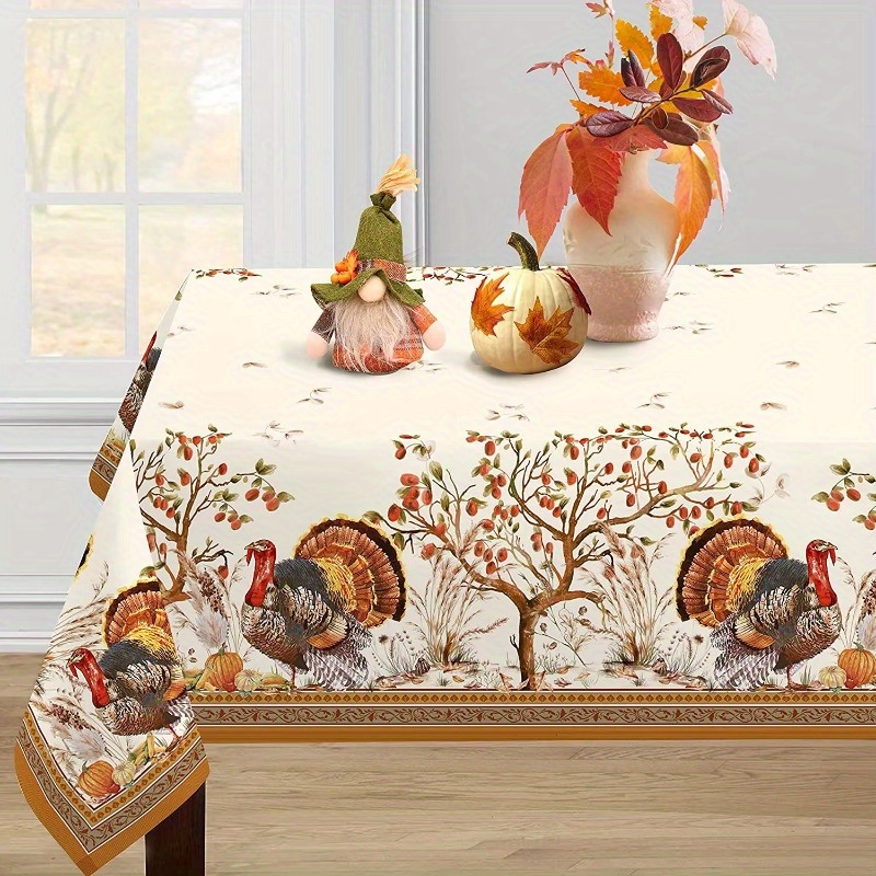 

Thanksgiving Turkey & Pumpkin Tablecloth - Reusable, Waterproof Polyester Rectangular Cover For Kitchen And Dining Decor, Perfect For Weddings And Parties