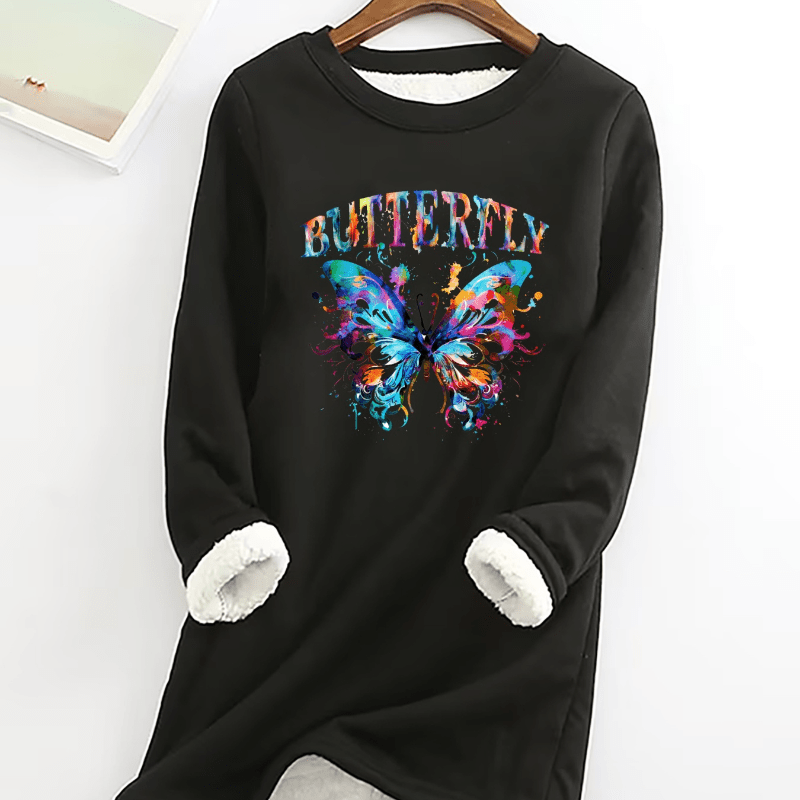 

Women's & Letter Print Fleece Lined Thermal Top, Long Sleeve Round Neck Tunic Top For Fall & Winter