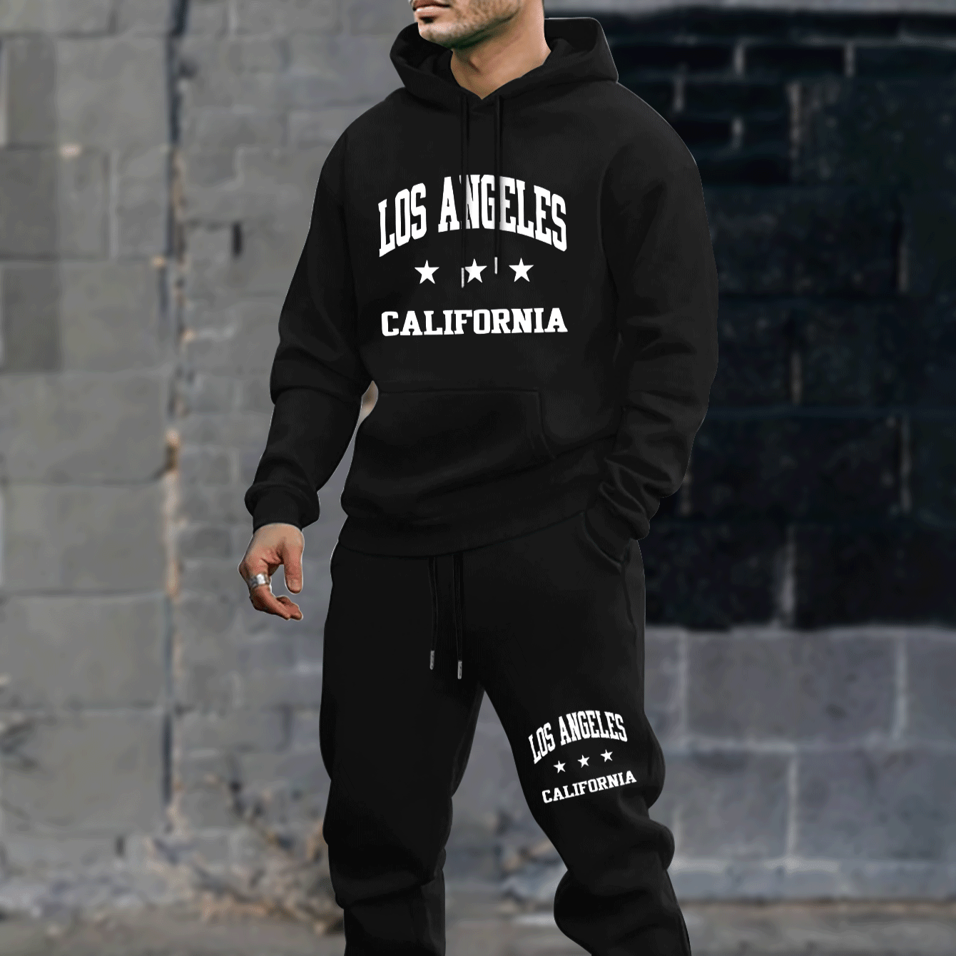 

Men's Fleece-lined Hoodie & Joggers Set - Casual Geometric Print, Drawstring Sweatpants With Pockets, Machine Washable