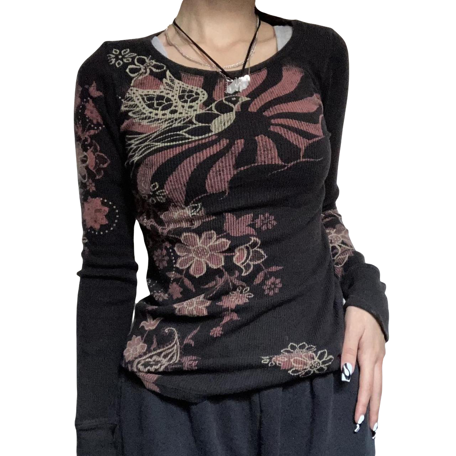 

Women Basic Shirt Autumn Casual Vintage Print Long Sleeve Round Neck Streetwear