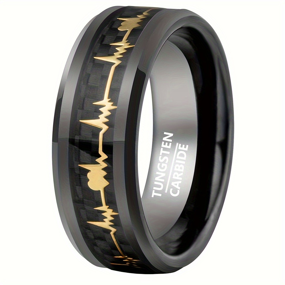 

Business Men's Tungsten Steel Couple Ring - Eternal Black With Vibrant Golden Ecg Pattern - Fashionable Men's Engagement And Wedding Ring, Suitable For