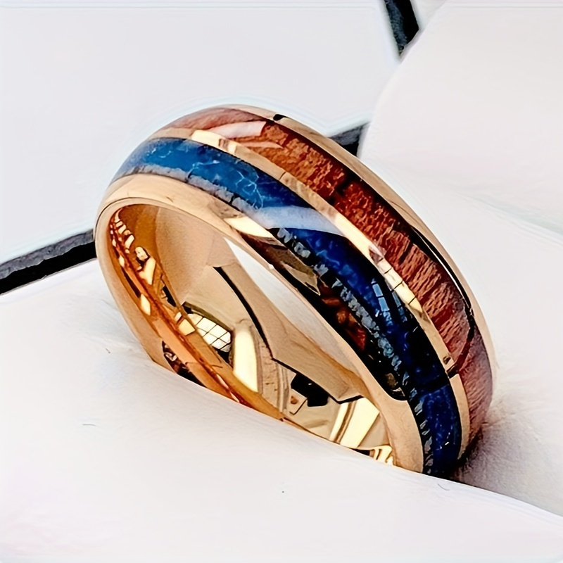 

1pc Fashion Business Rose 's Ring High Quality Tungsten Steel Wood Grain Ring