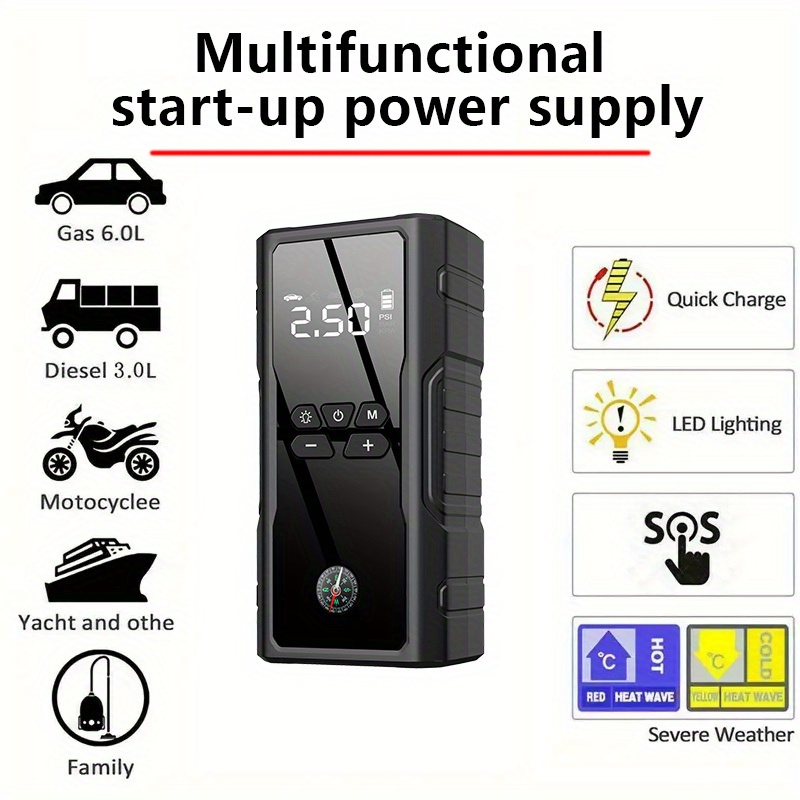 New 2024portable wireless car battery emergency starter, tire * pump, air compressor, easy to inflate tires, LED display screen, with flashlig