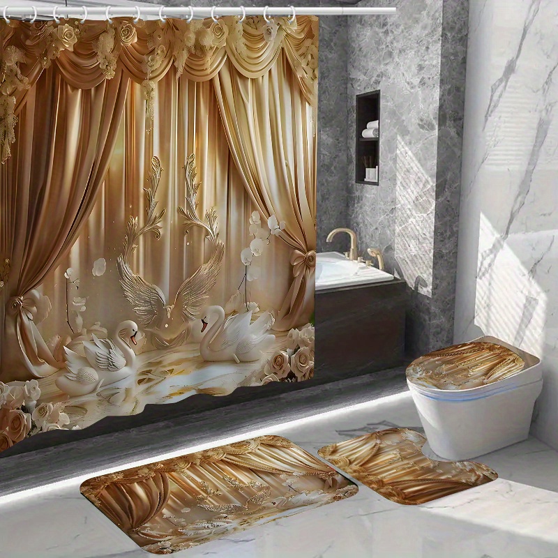 

Luxurious Golden And White Shower Curtain Set With 12 Hooks: Includes Toilet Seat Cover, Bathroom Mat, And Non-slip Rug - Polyester Fabric, Washable, And Waterproof