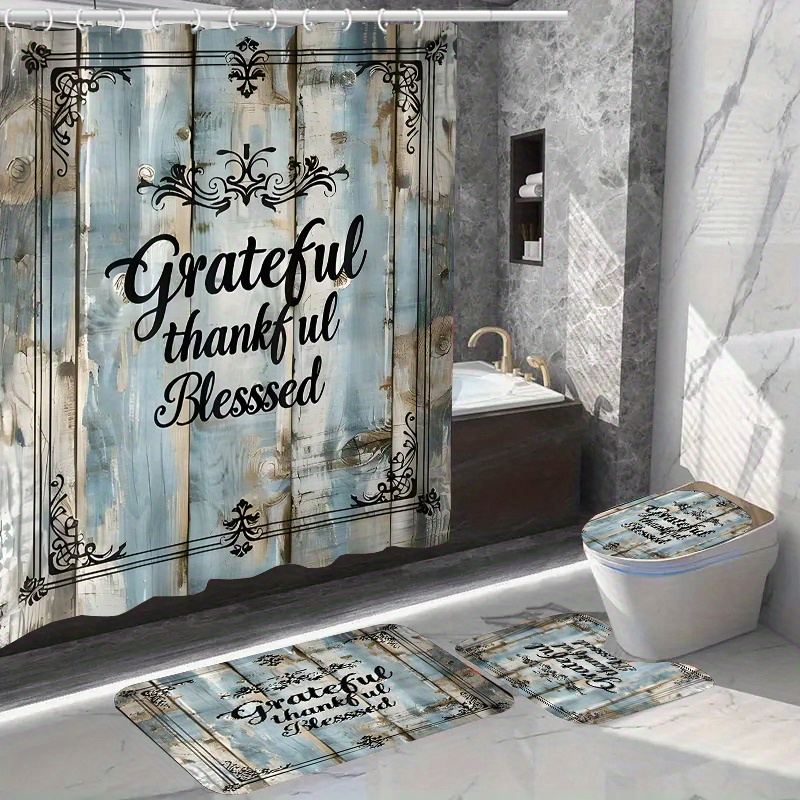 

Grateful Thankful Blessed Shower Curtain Set With Hooks, Water-resistant Woven Polyester, Non-slip Rug, Toilet Seat Cover, Dry Clean Only Bathroom Decor Accessory Set