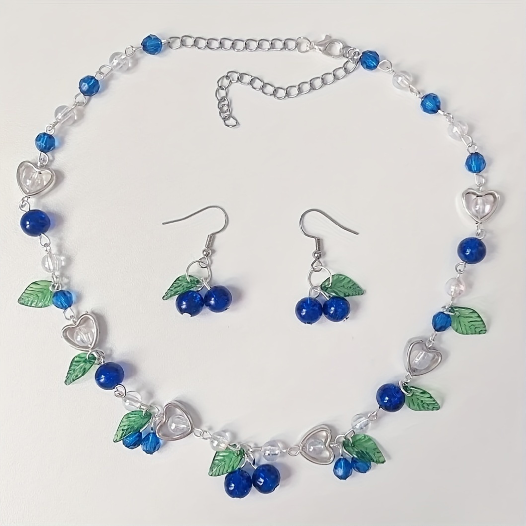 

1 Pair Dangle Earrings +1pc Necklace With Blue Beaded Jewelry Set Bohemian For Women Summer Party