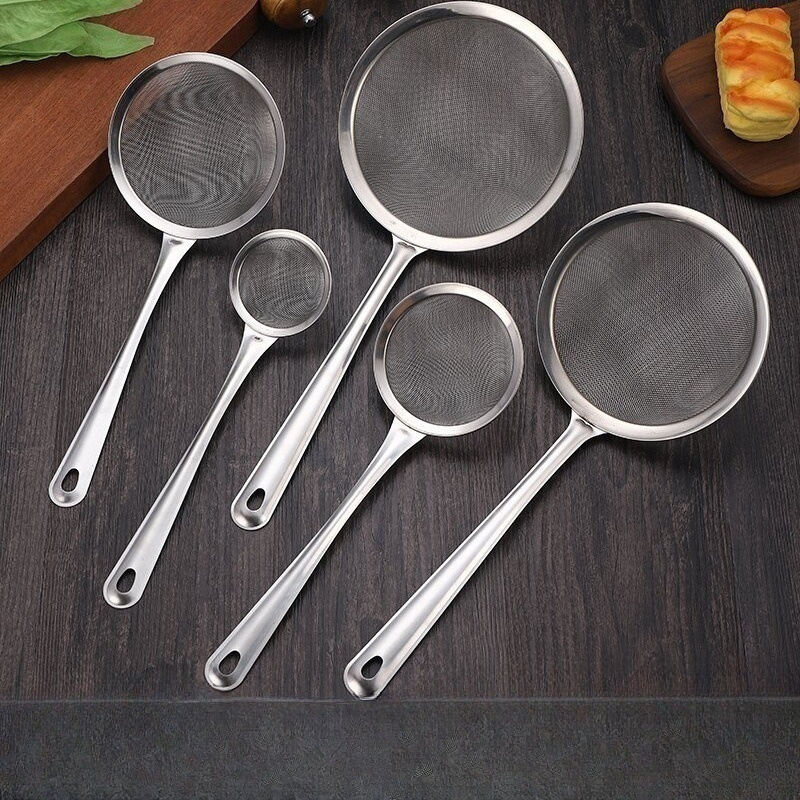 

Stainless Steel Mesh Strainer Set For Kitchen Use: Colander, Frying Filter, Fruit Dreg Spoon, And Soy Milk Filter Sieve