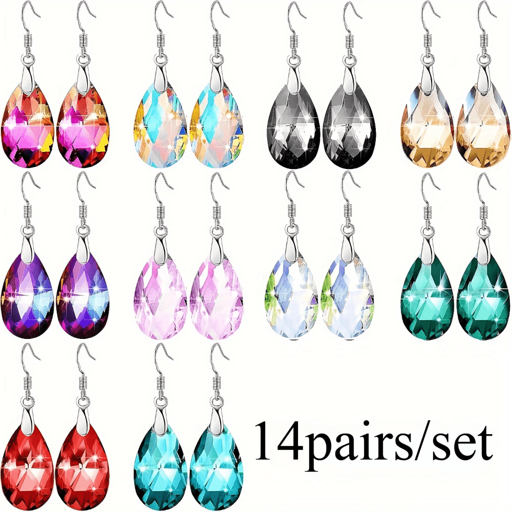 

14 Pairs Shiny Teardrop & Oval Shape Artificial Crystal Decor Long Dangle Earrings, Elegant Luxury Style Drop Earring Trendy Jewelry Women Girls, For Valentine's Day, Birthday, Party, Christmas Gift