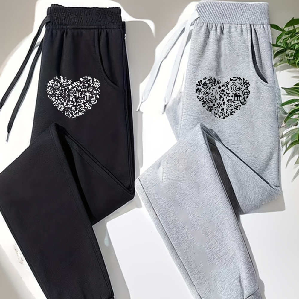 

Women's Plus Size Heart Print Joggers - Casual Lace-up Sweatpants With Pockets, Stretchy Polyester Fabric