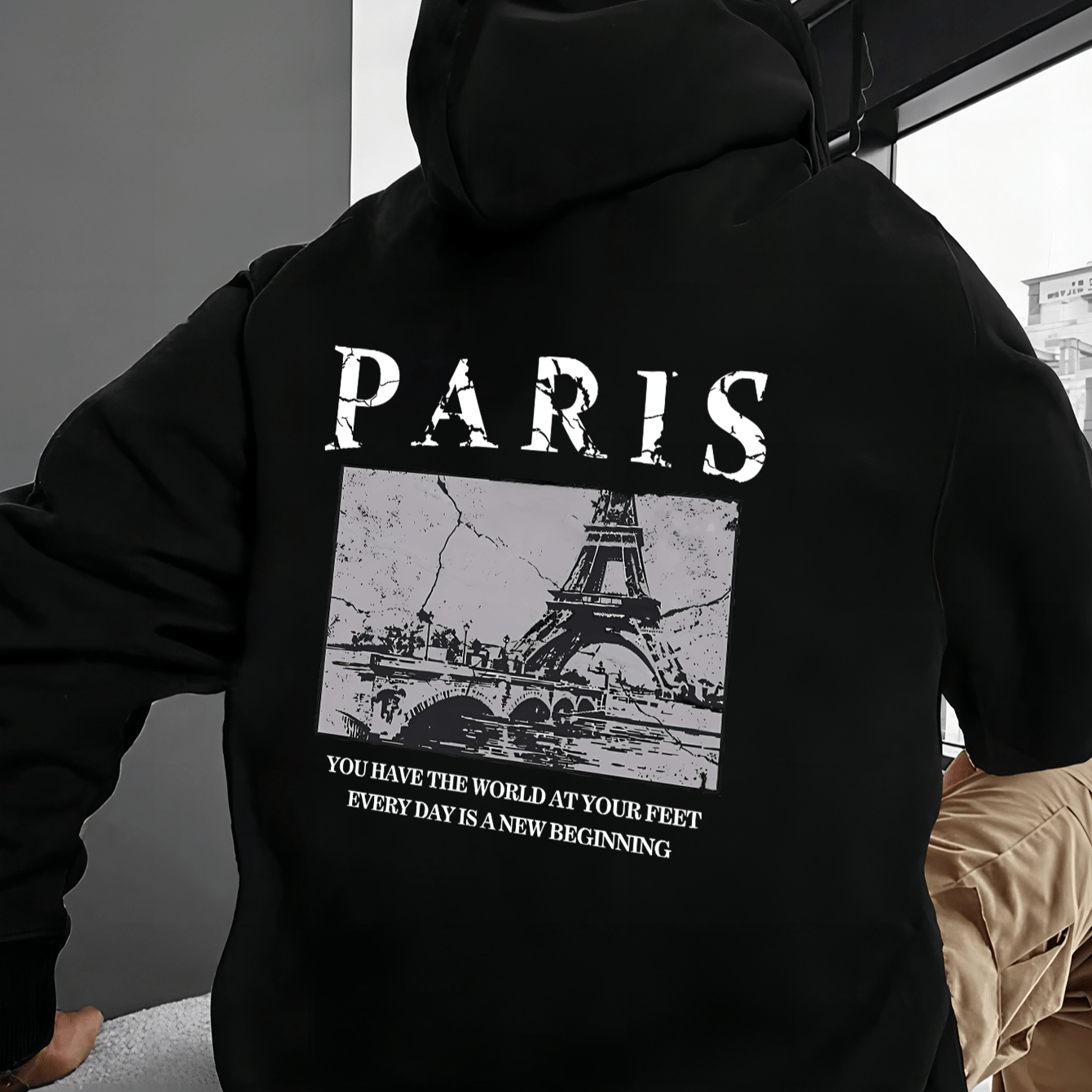 

Paris Illustration Print, Men's Casual And Cozy Hoodies, Trendy Long Sleeves Hoodie With Drawstring And Kangaroo Pocket, Casual Versatile Top For Autumn Winter