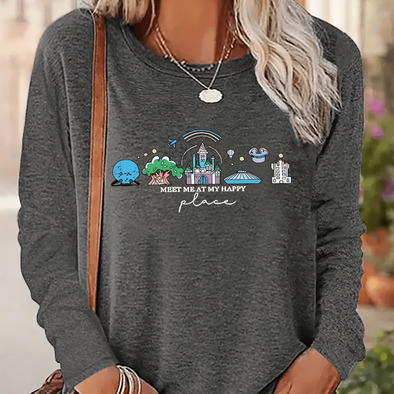 

Chic Women's Long Sleeve T-shirt With Ufo & Castle Print - Casual Crew Neck, Stretchy Polyester , Machine Washable