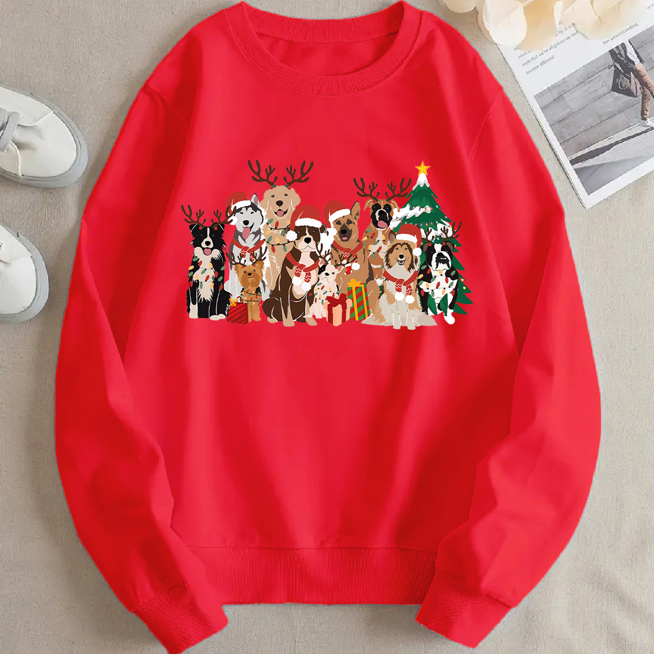 

Cozy Fleece-lined Christmas Puppy Print Sweatshirt For Women - Casual Crew Neck, Long Sleeve Pullover, Fall & Winter