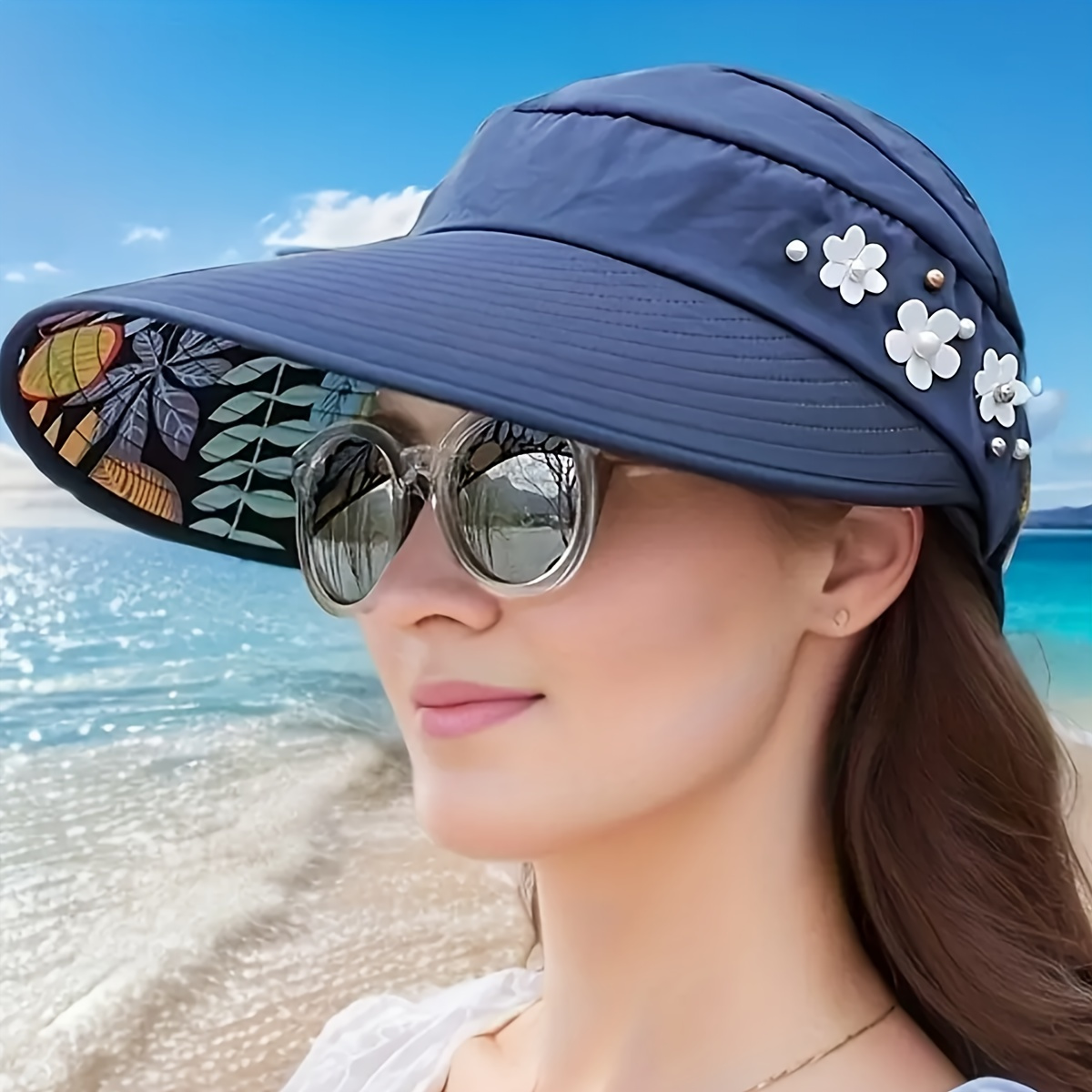

1pc Pearl Decorative Sun Visor Wide Backless Cap Summer Foldable Women Hat