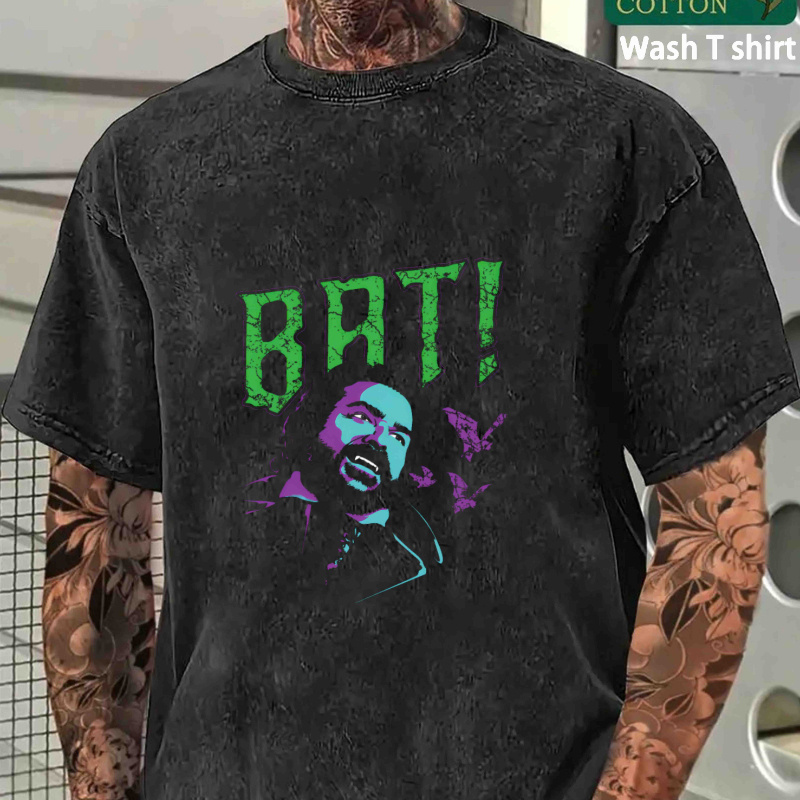 

Bat Print Vintage Acid Washed Cotton T-shirt For Men, Round Neck, Suitable For Summer