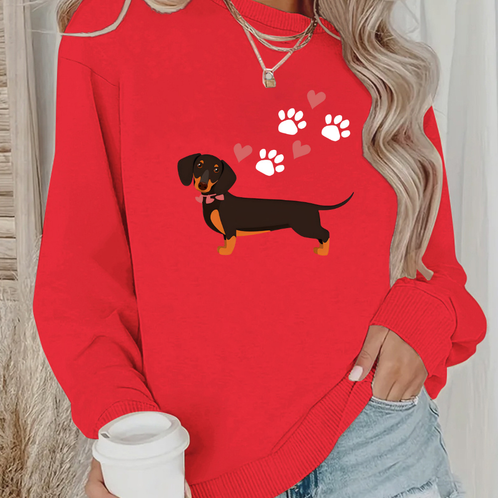 

Women's Casual Dachshund Print Sweatshirt, 100% Polyester Crew Neck Pullover, Long Sleeve Knit Hoodie For All , Animal Pattern