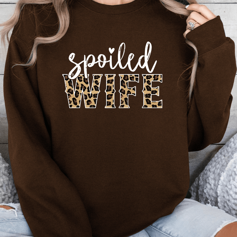 

Plus Size Polyester Crew Neck Sweatshirt For Women - Casual Knit Pullovers With Rib-knit Details, All-season Cartoon Print Non-stretch Fabric - Spoiled Wife Graphic Sweatshirt For Fall & Winter