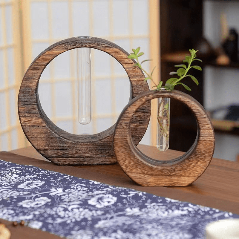 

Vintage Wooden Round Vase With Test Tube, Zen Style Mini Handcrafted Tabletop Flower Vase, Rustic Wood Hydroponic Plant Holder For Home And Tea Decor