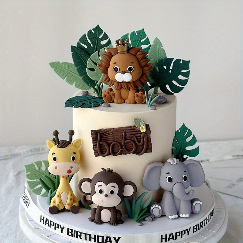 

Jungle Safari Animal Cake Toppers - Lion, Giraffe, Elephant, Monkey & Turtle With Leaf Accents For Birthday Parties