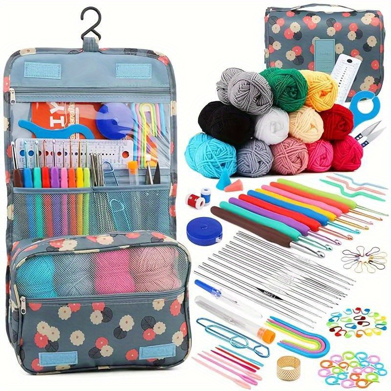 

Kit de crochet tout-en-un 130 pièces - Fil multicolores et organisateur de tissu portable avec crochets, ciseaux, aiguilles en plastique, marqueurs de points pour l'artisanat et le tricot