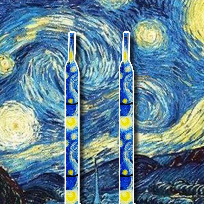 1 Pair Of Fashionable Shoelaces Oil Paintings: The Starry Night, Sunflowers, -e, , , And 's Checkerboard Paintings. Shoelace Cords Are Suitable For Sneakers, Canvas Shoes, White Sneakers, And Casual