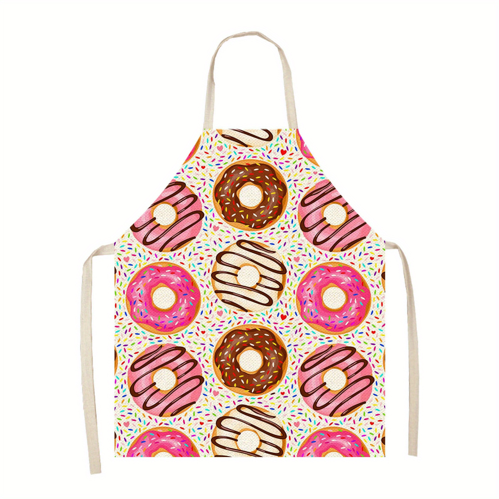 

1-pack Linen Apron With Cartoon Donut Pattern, 100% Linen Woven Cooking Apron, Oil-proof Household Kitchen Sleeveless Apron With Adjustable Neck Strap, Kitchen Accessories