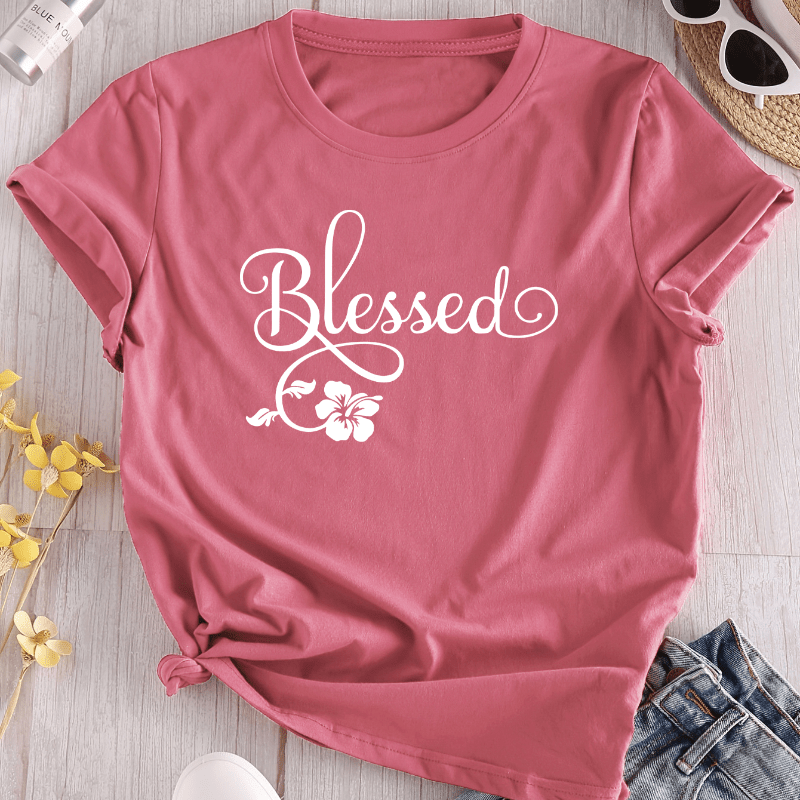 

Blessed Print Women's T-shirt - Casual Crew Neck, Short Sleeve Top For Spring/summer/fall, Breathable Polyester , Machine Washable