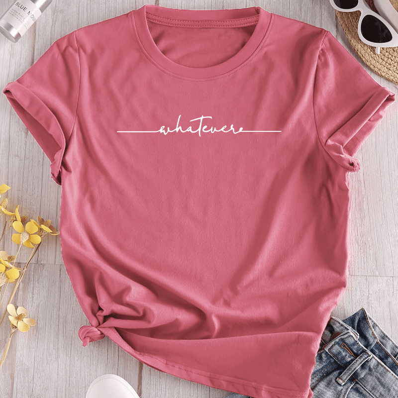 

Women's Casual Short Sleeve Crew Neck T-shirt With "whatever" Print, Polyester Spandex Blend, Knit Fabric With Slight Stretch For Spring/summer/fall