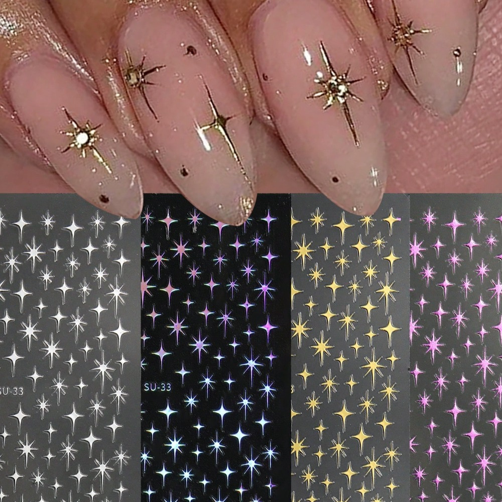 4pcs 3d Metal Laser Golden Starburst Nails Stickers Manicure French Nail Art Decoration