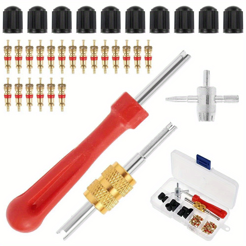 TEMU 33pcs Tire Valve Stem Installation Tool Kit With Puller, Valve Stem And Valve Core For Truck And Bicycle Tire Repair, Tire Repair Kit, Bicycle