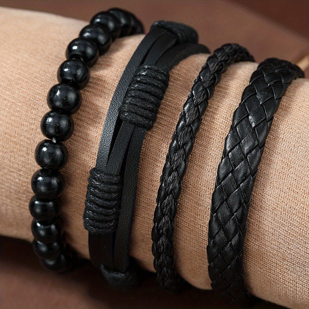 4pcs Men's Vintage Faux Leather Braided Handmade Bangle Bangle Bracelet