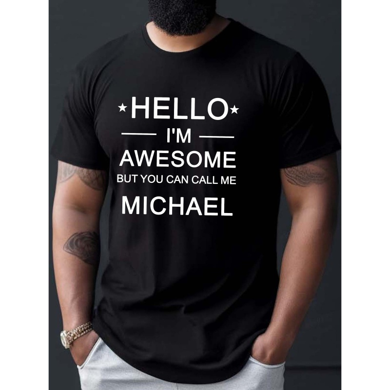 

Men's 'hello I'm Awesome' Michael Crew Neck T-shirt - Polyester Casual Tee With Geometric Pattern And Slight Stretch For Summer