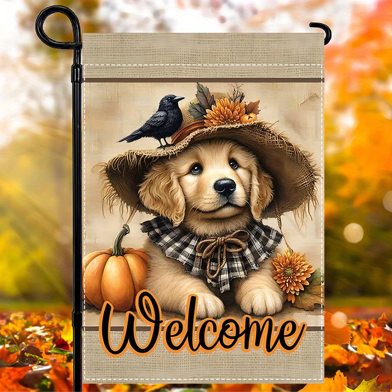 

Double-sided Burlap Garden Flag - Cute Dog, Crow & Pumpkin Design For Fall And Halloween Outdoor Decor, Waterproof, 12x18 Inches