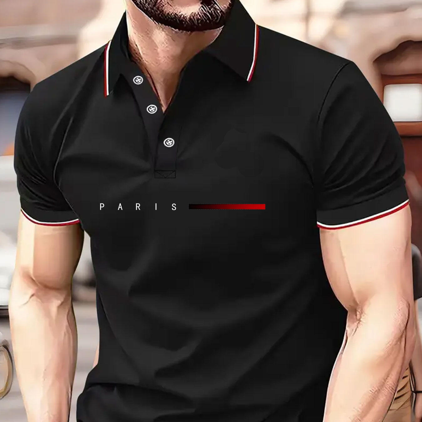 

Men's Casual V-neck Polo Shirt - Summer Knit Polyester Fabric, Regular Fit, Lapel Collar, Slight Stretch, Geometric Paris Print, Button Detail Polo Tee