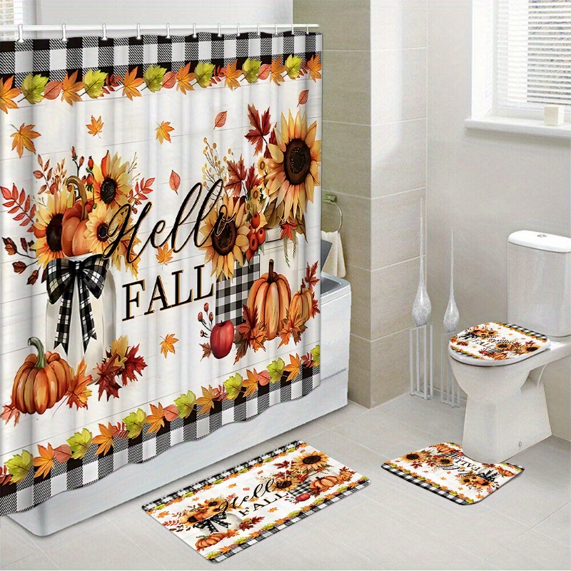 

Water-resistant Woven Polyester Shower Curtain Set With Non-slip Bath Mats And Toilet Cover - Fashion "hello Fall" Theme With Hooks, Dry Clean Only, Bathroom Decor Set