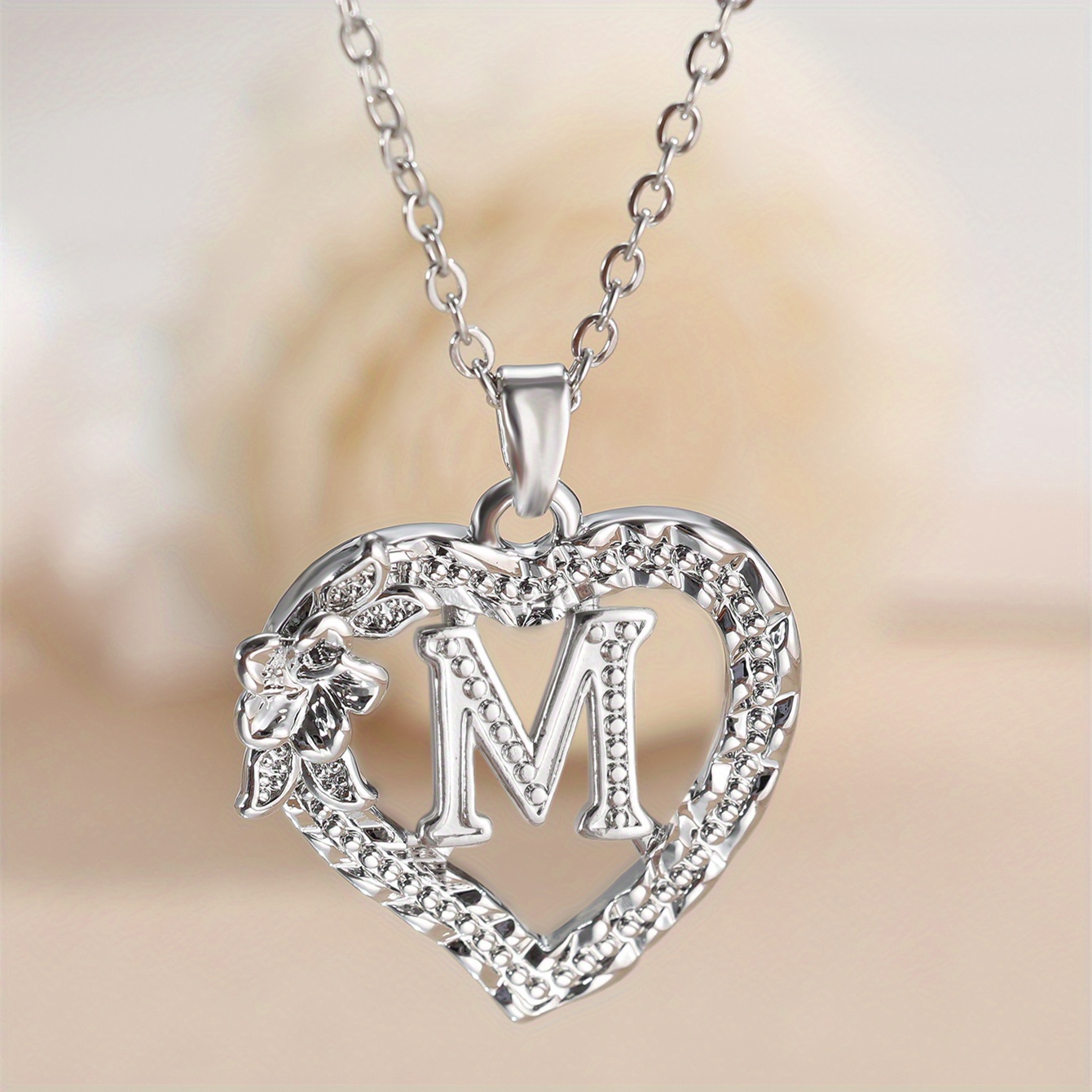 Image of 1 Vintage Court Style Heart Floral Letter Pendant Necklace | Unisex A-z Initial Letter Necklace With Synthetic Synthetic Zircon​, Copper Material, Elegant Design For Dating And Wedding Jewelry