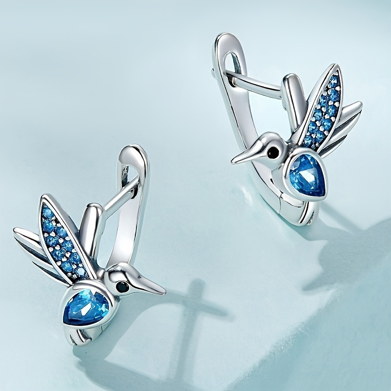 E-shop Böhmische Kolibri-Ohrringe mit blauem Vogel, eingelegt mit blauem synthetischem Zirkonia, Vogel-Hoop-Ohrringe für , Partys, Valentinstag, ,