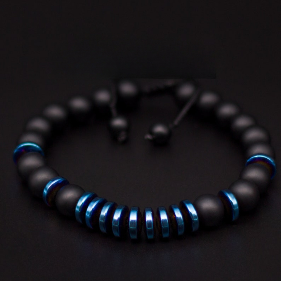 

Bracelet en onyx noir mat et hématite bleue à la mode pour hommes, pierre naturelle, sans placage ni matériau mosaïque - Accessoire élégant