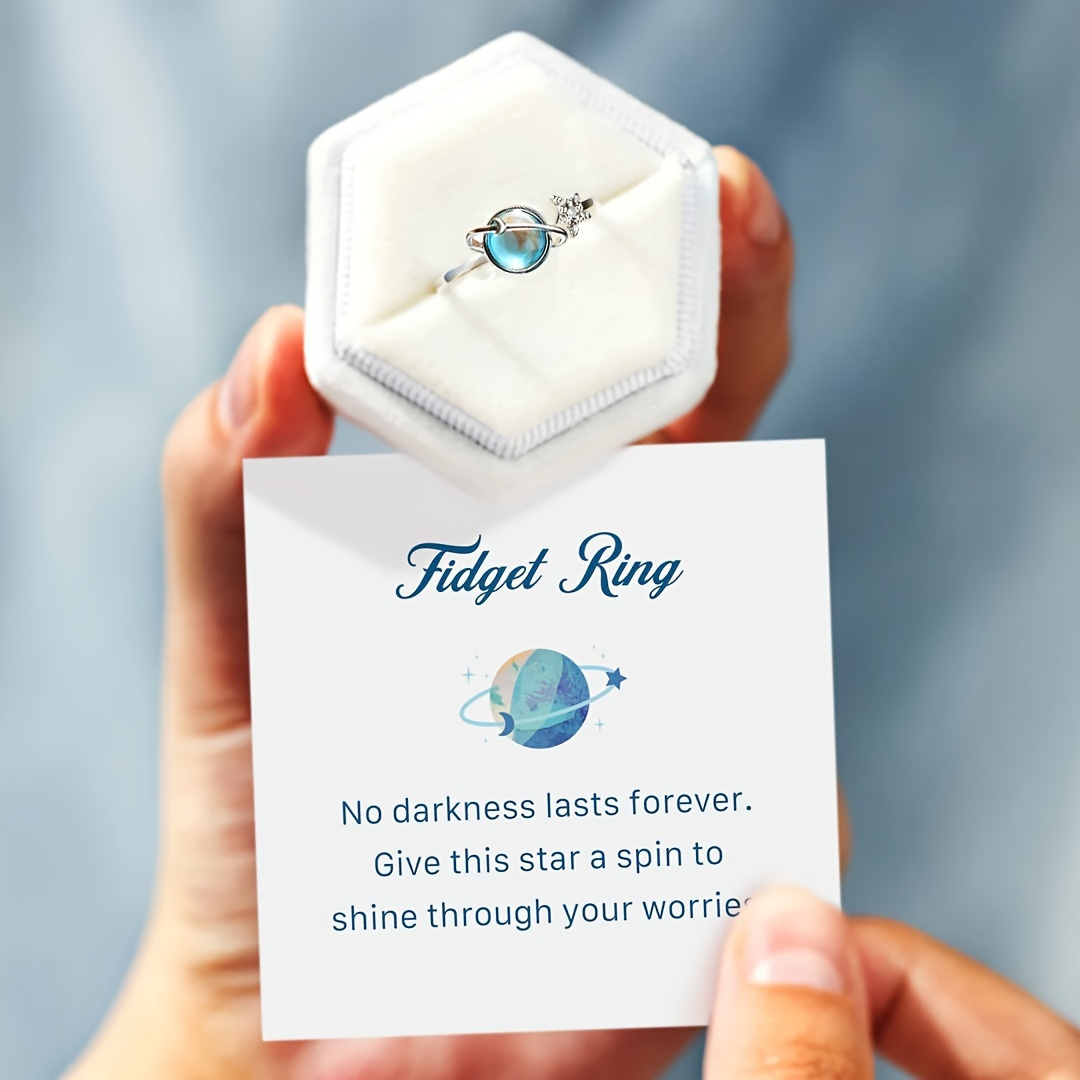 A Stylish And Unique Lady's Ring With Delicate And Creative Design Of A Small Earth And Moon Surrounded By Blue Synthetic Gemstones, Adjustable Opening Suitable For Daily Wear And Birthday Gift (without Box).