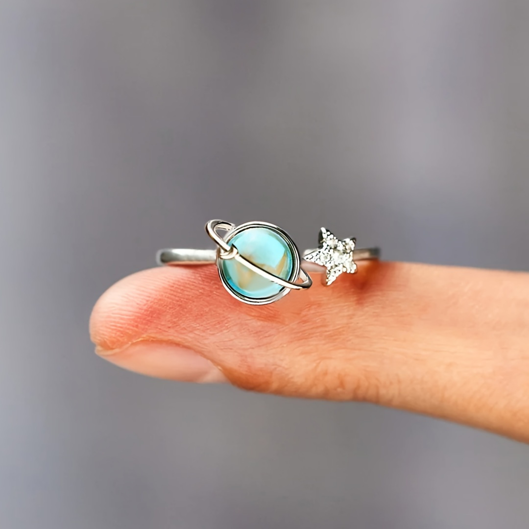 A Stylish And Unique Lady's Ring With Delicate And Creative Design Of A Small Earth And Moon Surrounded By Blue Synthetic Gemstones, Adjustable Opening Suitable For Daily Wear And Birthday Gift (without Box).