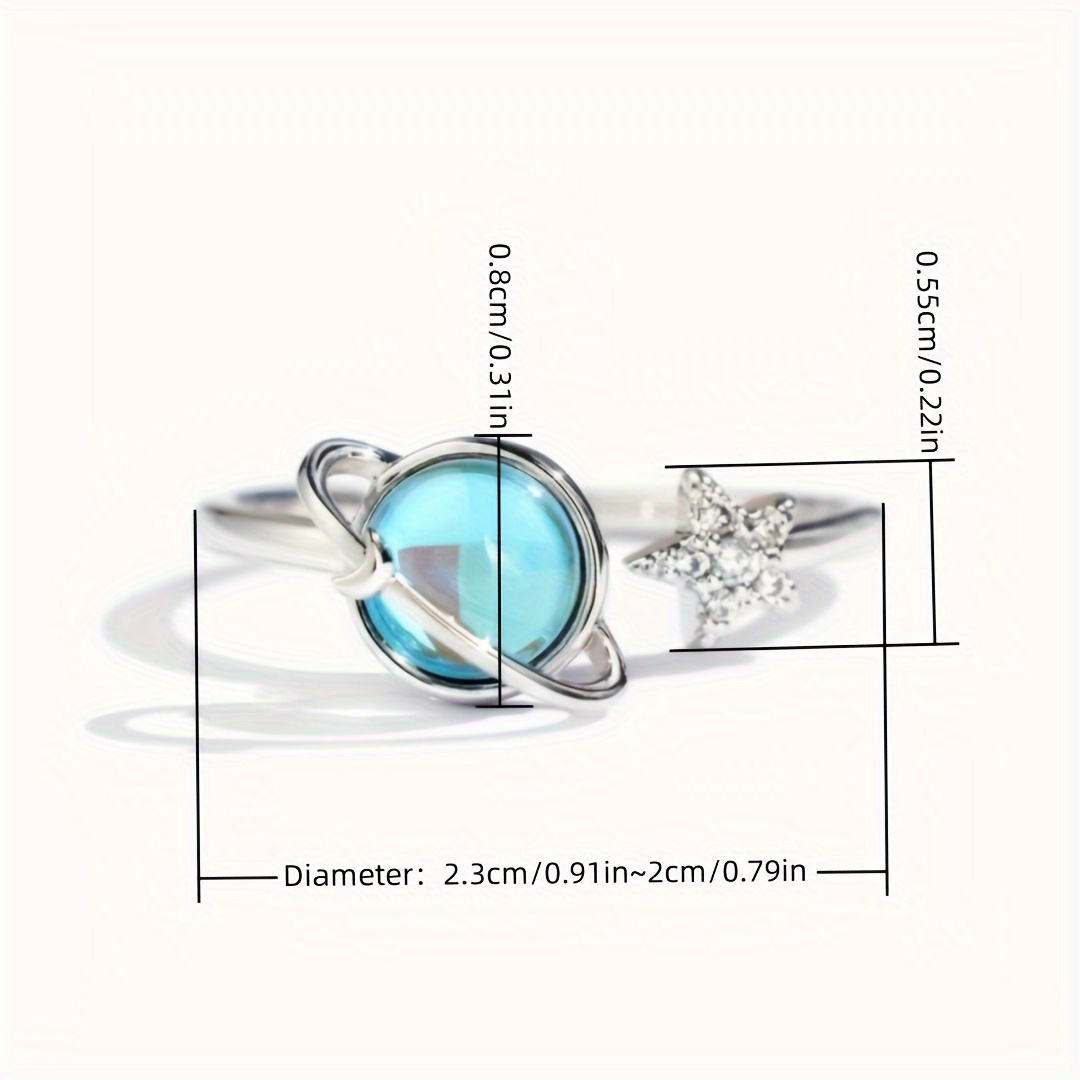 A Stylish And Unique Lady's Ring With Delicate And Creative Design Of A Small Earth And Moon Surrounded By Blue Synthetic Gemstones, Adjustable Opening Suitable For Daily Wear And Birthday Gift (without Box).