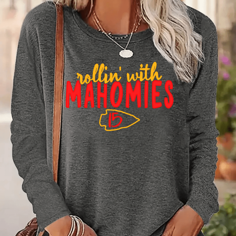 

Women's Casual Long Sleeve Crew Neck T-shirt With "rollin' With Mahomies" Print, Polyester Blend With Slight Stretch, All Season Knit Fabric Top