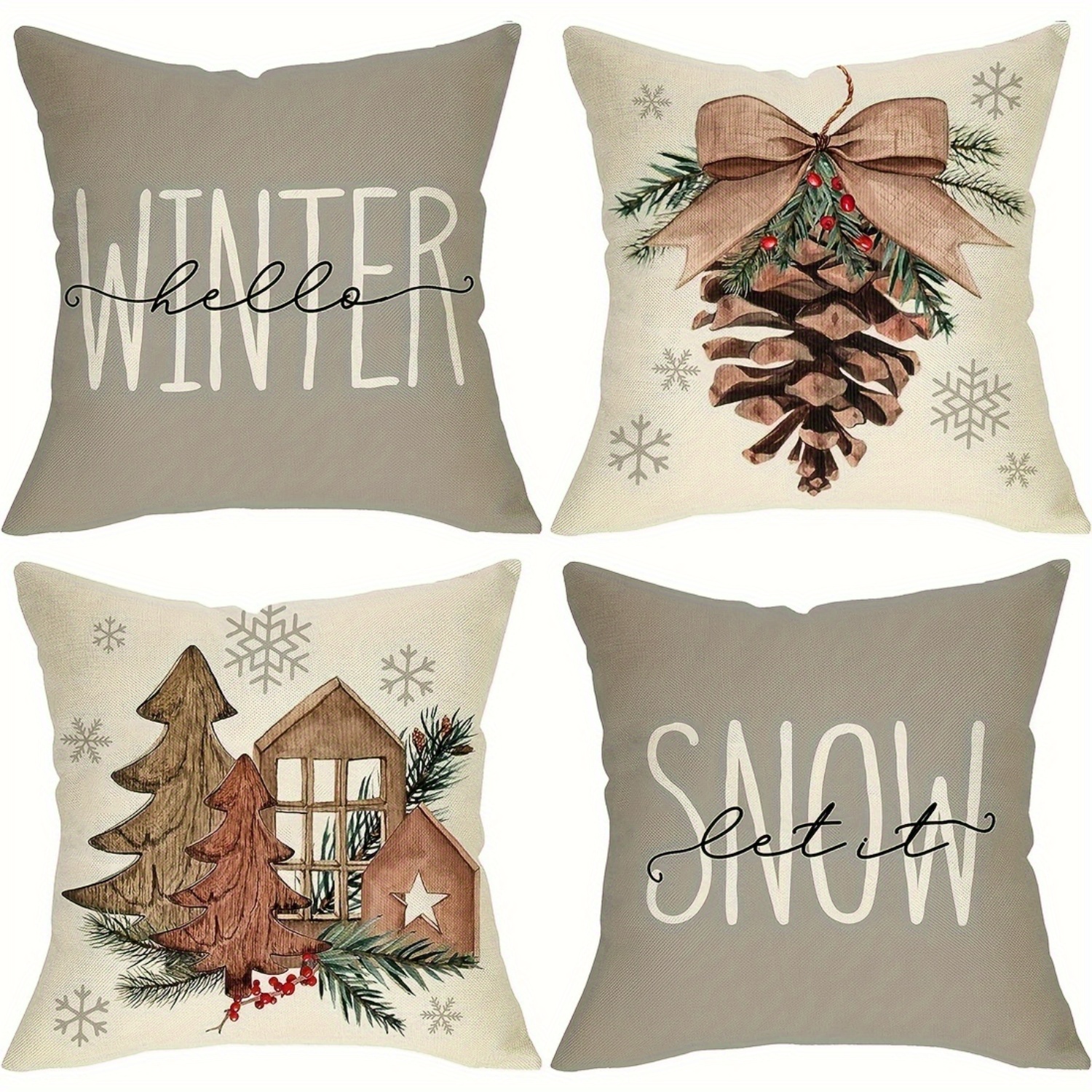 

4 Pcs Winter Pine Cone Decorative Throw Pillow Covers - Linen Christmas Tree Cushion Cover Decoration, Bow Berry Snowflake Pillow Cover, Decor Sofa Living Room 18 X 18 Inch, No Pillow Core