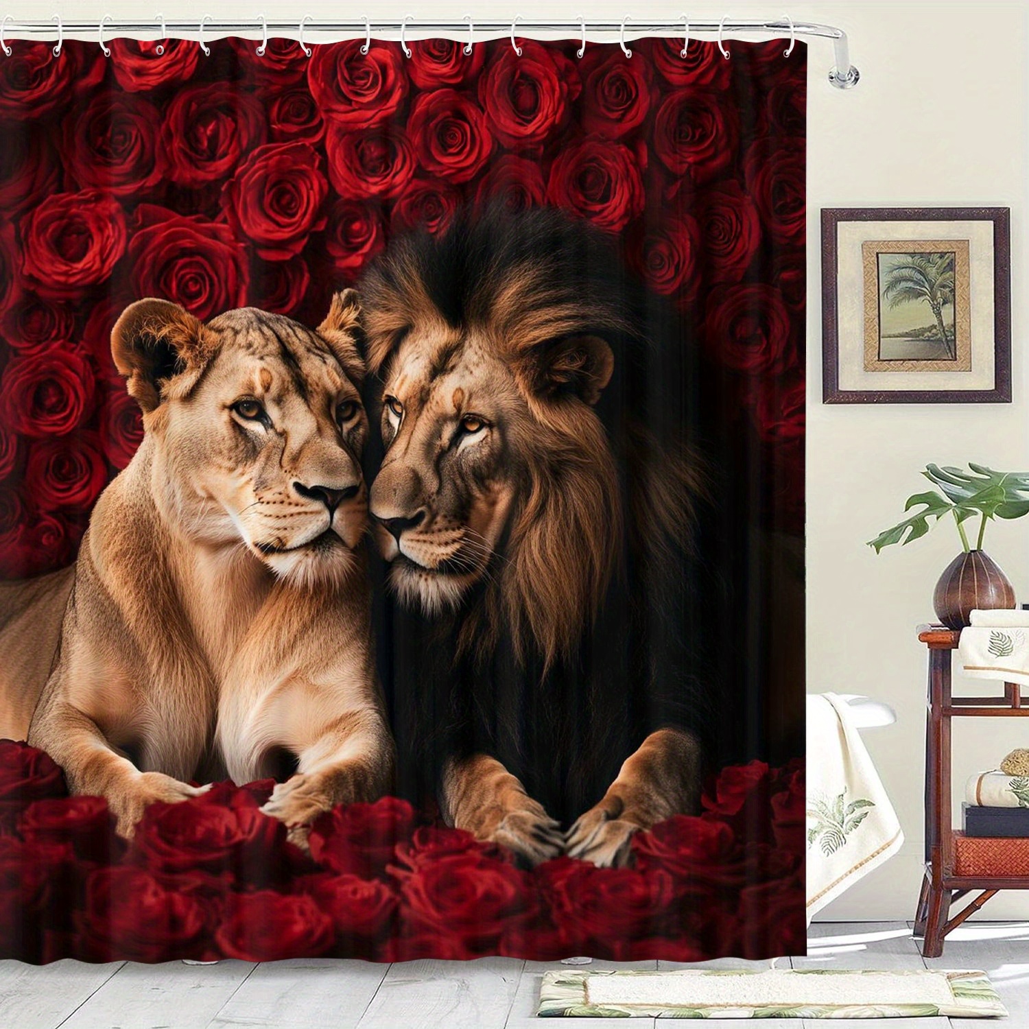 

Water-resistant Lion And Rose Pattern Shower Curtain With 12 Hooks, Machine Washable, Graphic Print, Artistic Theme, Non-woven Fabric Bathroom Decor For Home And Hotel