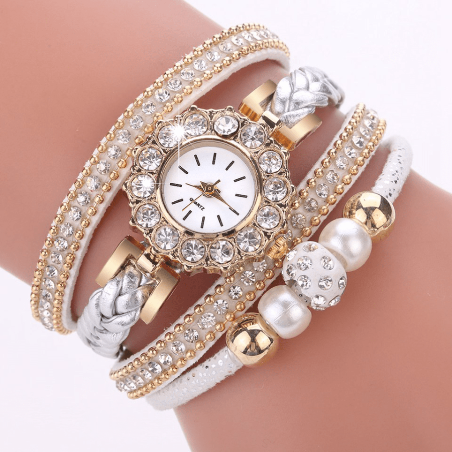 

Luxury Golden Leather Watches For Women Pearls Dress Creative Watches Casual Women Bracelet Wristwatch Clock Gift Relogio Feminino